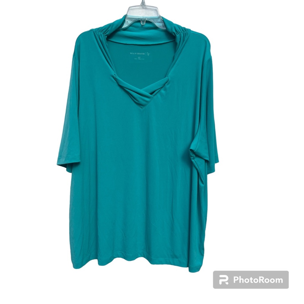 Susan Graver Womens 3X Teal Aqua Twisted V-neck Polyester Spandex T-shirt Blouse